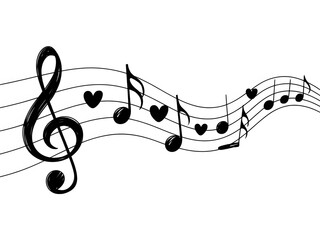 Elegant treble clef with heart shaped musical notes on staff