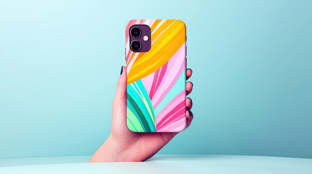 A hand holds a smartphone featuring a vibrant, abstract design with curved lines in yellow, pink, teal, and green. - Powered by Adobe