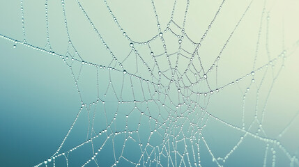 Close-up of a spider web pattern with dewdrops on a pastel background