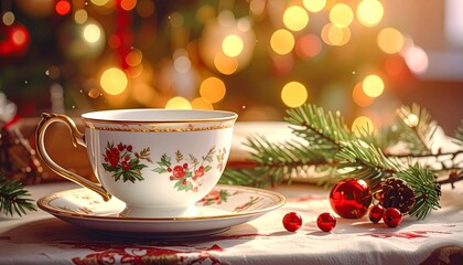 Vintage Christmas Teacup with Holiday Decorations