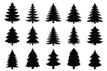 Ten dark green stylized Christmas trees with stars on white background pine tree fir tree
