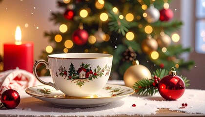 Vintage Christmas Teacup with Holiday Decorations