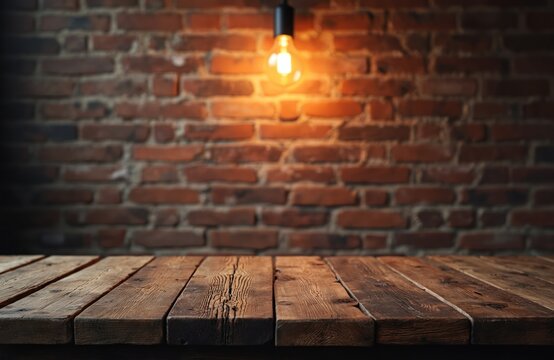 Empty rustic wooden tabletop with rough texture rests before a dark brick wall illuminated by a single warm light bulb. Copy space available for product placement or text.