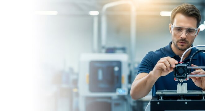 Caucasian man technician monitoring 3D printer in sterile laboratory. Engineer working with bioprinter for innovative medical applications. - Powered by Adobe