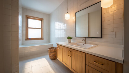 Modern bathroom interior with wooden vanity, white subway tile, and natural light