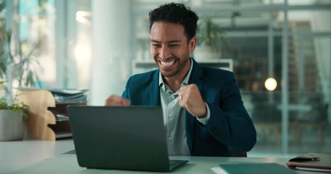 Laptop, business man and celebration for success, financial milestone or good news in office. Clap, winner and excited employee with computer for goal achievement, investment profit and fist pump