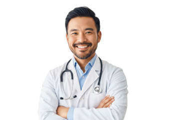 Smiling asian male doctor wearing white coat and stethoscope with arms crossed isolated on transparent background
