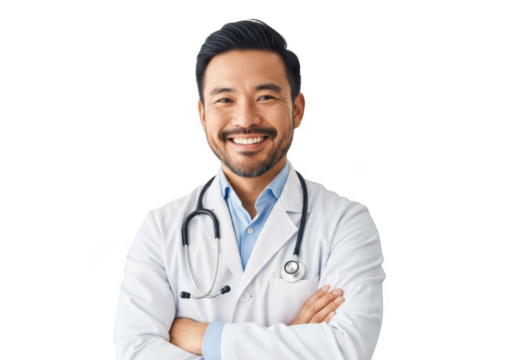 Smiling asian male doctor wearing white coat and stethoscope with arms crossed isolated on transparent background