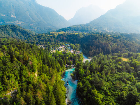 Wonderful Soca river and gorge in the green forest, Bovec, Slovenia. Kayaking destination in Slovenia in Triglav National park - Powered by Adobe