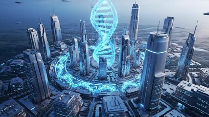 Futuristic cityscape with DNA helix and glowing network, science and technology concept, innovation in urban development. - Powered by Adobe