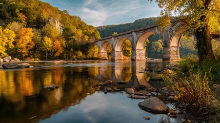 oxbow. Allegheny River flowing under a historic stone bridge with autumn trees and reflections. representing seasonal cycles and harvest abundance.