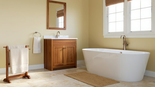 Modern residential bathroom interior with freestanding bathtub and wooden vanity - Powered by Adobe
