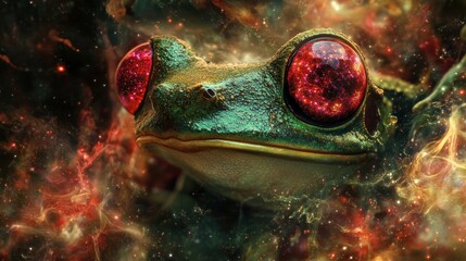 Red-Eyed Tree Frog, its eyes like miniature, swirling red galaxies, body vibrant green, surreal cosmic amphibian texture, soft, otherworldly glow