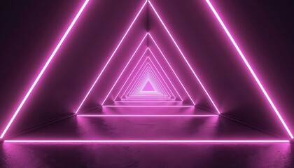Abstract digital background with glowing neon triangles creating endless tunnel. Futuristic corridor of vibrant purple light lines forms geometric portal perspective. Dark virtual space illustration