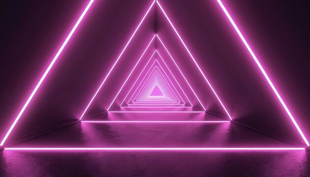 Abstract digital background with glowing neon triangles creating endless tunnel. Futuristic corridor of vibrant purple light lines forms geometric portal perspective. Dark virtual space illustration