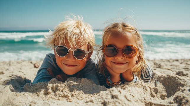 Two smiling children enjoying a sunny beach day while playing in the sand near the waves