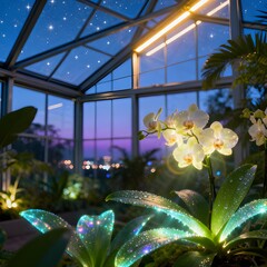 Biotech Garden with Luminescent Plants Under Starry Sky