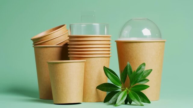 Stacked disposable coffee cups and lids, a sprig of fresh leaves on a mint green background