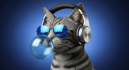 A digitally illustrated cat exudes cool, urban charm with oversized over-ear headphones resting snugly over its ears, suggesting a love for music or DJ vibes. Its reflective blue sunglasses mirror.