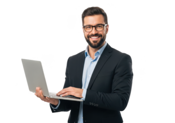 Smiling businessman wearing glasses and a suit holding a laptop computer and typing isolated on transparent background