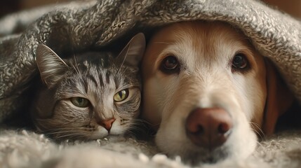 Fototapeta na wymiar Two pets cuddle together under a cozy blanket during a chilly afternoon at home in a warm and inviting setting