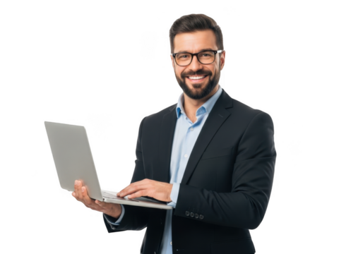 Smiling businessman wearing glasses and a suit holding a laptop computer and typing isolated on transparent background