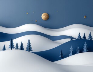A serene winter night landscape unfolds with undulating snow-covered hills, minimalist evergreen trees, and a radiant golden moon in a deep blue sky