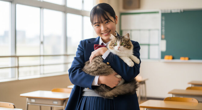 Person in a navy striped outfit holding a fluffy tabby cat with green eyes amid cherry blossoms; bright, serene spring scene.