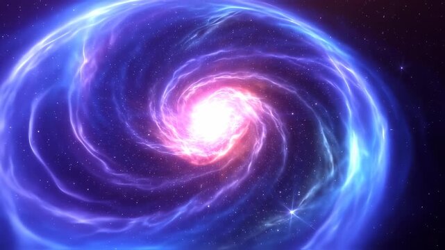 A swirling vortex of vibrant, cosmic nebulae in shades of purple, pink, and blue, dotted with twinkling stars