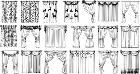 Detailed hand-drawn sketch collection of diverse curtain and drape designs. Set features elegant, traditional, modern, and Christmas-themed window treatments in line art.