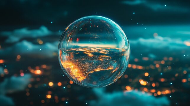 A captivating glass orb floats in the atmosphere. It reflects glowing city lights below. This imaginative creation inspires thoughts of a dreamlike world. Generative AI