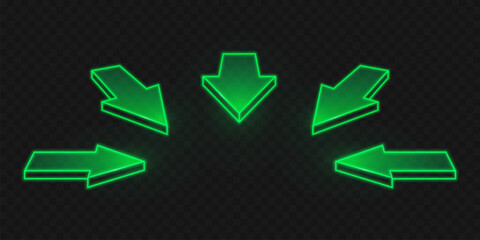 Neon green 3d arrows set isolated on transparent background. Vector realistic illustration of computer mouse cursor signs, color pointers for software or game user interface design, click button