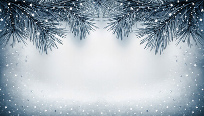 Serene winter wonderland frame with frosty pine boughs and shimmering bokeh lights on a snowy backdrop