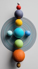 Abstract Solar System Model with Colorful Spheres and Textured Orbit Disc.