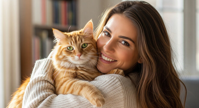 A smiling young woman with long, warm-toned hair is affectionately cuddling an orange tabby cat with bright green eyes. They are indoors in a sunny, cozy setting, likely a living room.