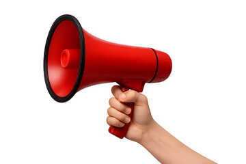 Hand Holding Red Megaphone Isolated on White Background