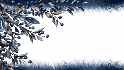 Artistic floral corner frame with elegant blue branches, leaves, and berries on a white background with a soft, feathery border