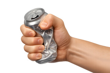 Hand Crushing Aluminum Can Isolated on White Background
