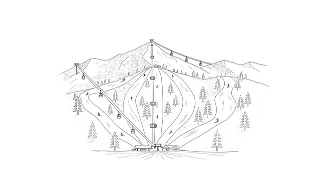 Minimalist Ski Resort with Trees, Cable Car and Skiers — engraving sketch, black and white vintage vector illustration.