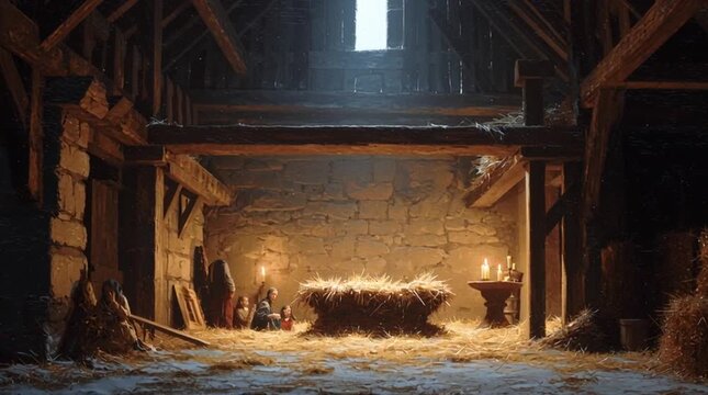 A Bethlehem stable depicted in the style of a 19th-century painting, with soft candlelight illuminating intricate straw details and a warm, spiritual ambiance.