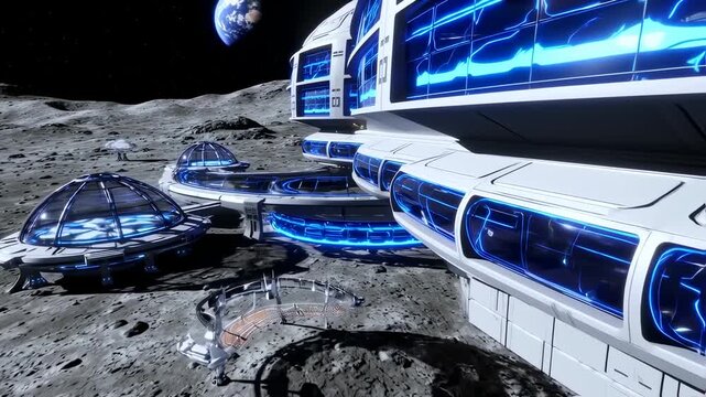 Futuristic lunar habitat complex with transparent domes and glowing blue accents