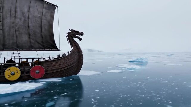 Viking longship navigating icy waters