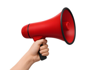 Hand Holding Red Megaphone for Announcement Isolated on White Background
