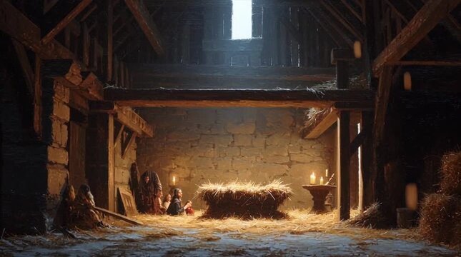 A Bethlehem stable depicted in the style of a 19th-century painting, with soft candlelight illuminating intricate straw details and a warm, spiritual ambiance.