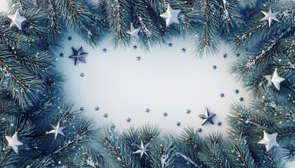 Festive Holiday Frame Silver Stars and Snowy Pine Branches for Christmas Season