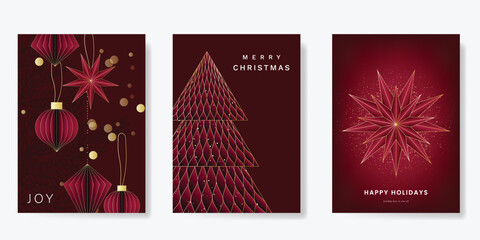 Merry Christmas and Happy New Year greeting card vector set. Luxury invitation with Christmas tree, leaves, sparkle, spot texture on red background. Design illustration for season's card, ads.