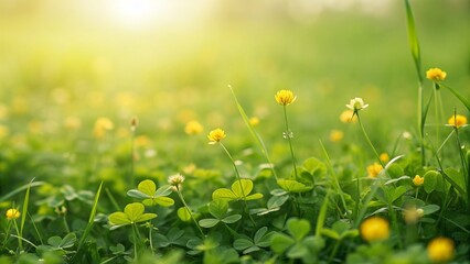 Fototapeta premium Clover field background glowing, scattered tiny yellow flowers, perfect for cheerful seasonal designs and spring-themed visuals