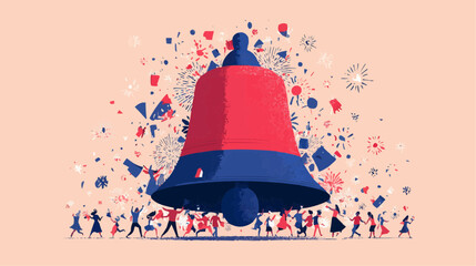 A giant bell with tiny dancing people and confetti on pink background with text space for festive retail banners, cards  and promotions