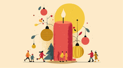 Giant candle with tiny people carrying ornaments, minimal warm illustration with space for text for decor, posters or packaging