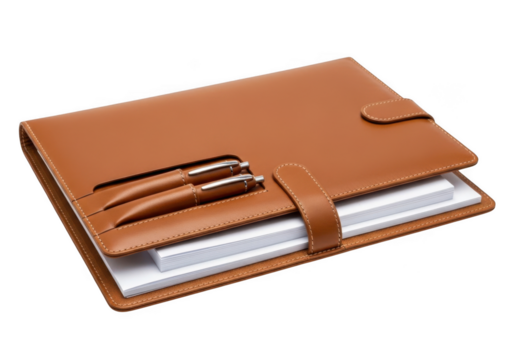 Elegant tan leather bound journal with two matching pens and a secure strap closure isolated on transparent background